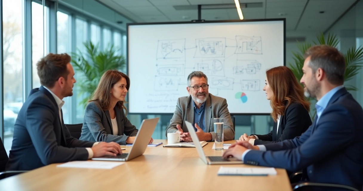 Pessoas sentadas à mesa de reunião, focadas e atentas, sem celulares, com expressões de escuta ativa, ambiente claro 