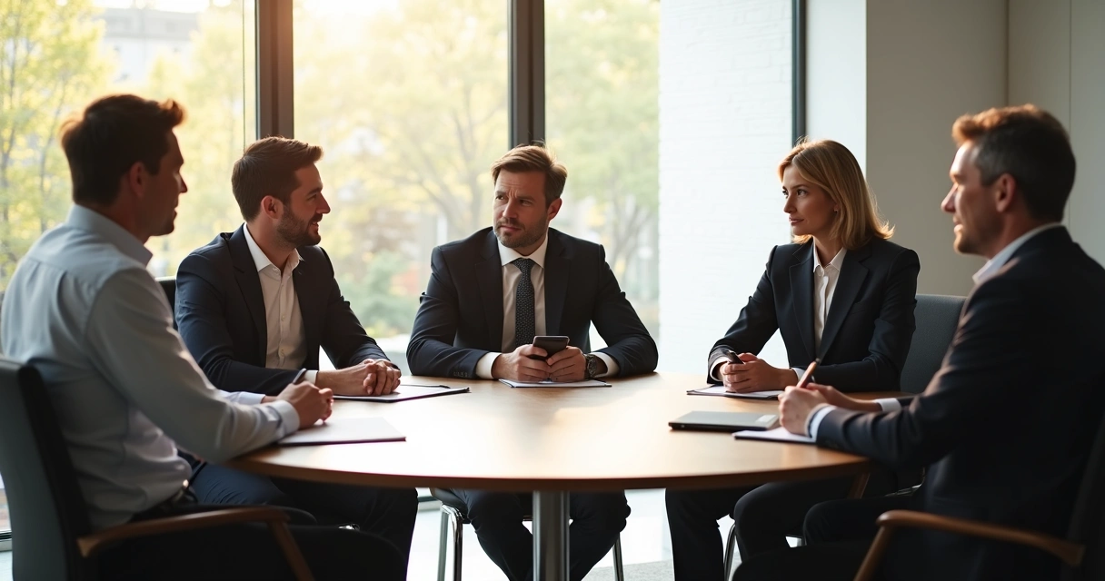 Pessoas sentadas ao redor de uma mesa de reunião, todas focadas e atentas ao que está sendo discutido
