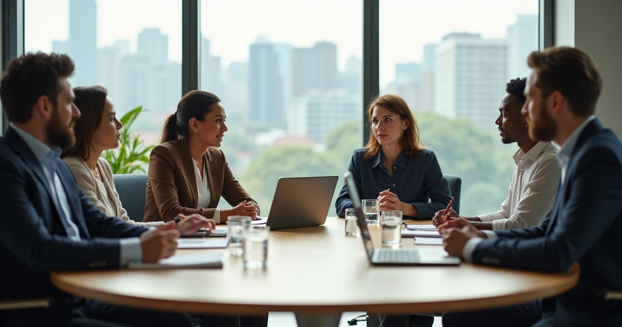 Equipe em reunião ao redor de mesa redonda com foco em presença consciente e atenção plena 