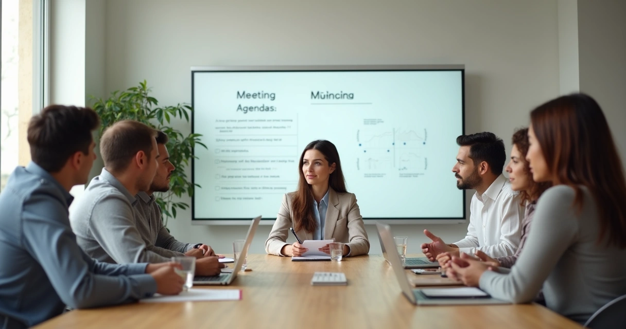 Equipe em reunião focada ao redor de mesa de trabalho moderna 