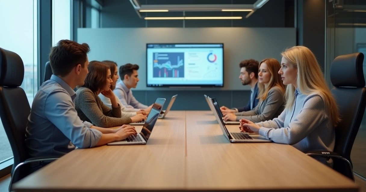 Equipe em reunião observando dados e interagindo com atenção 