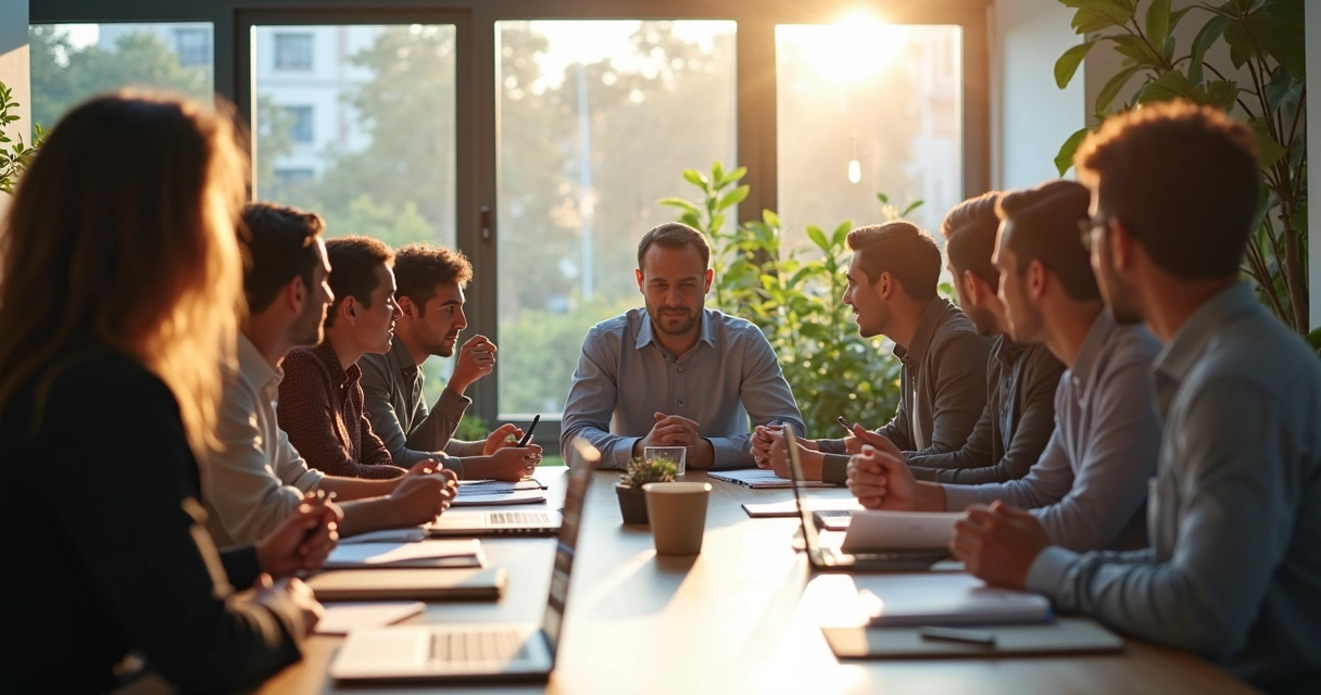 Equipe reunida em torno de mesa de reunião, atentos uns aos outros 
