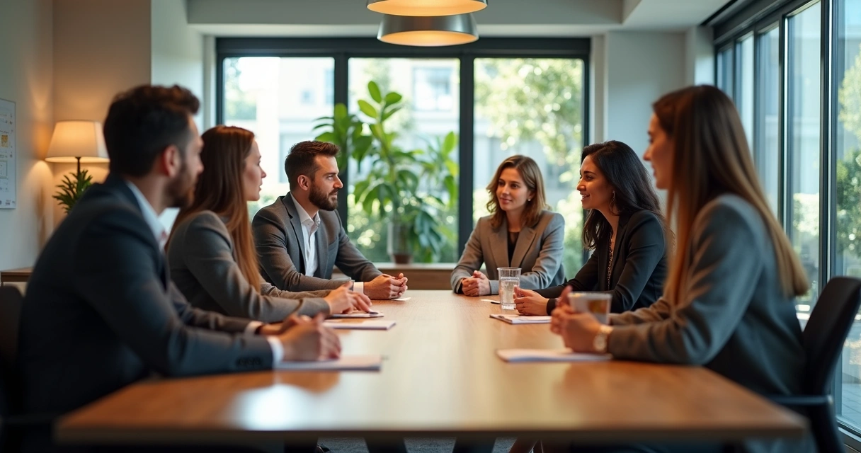 Grupo em reunião ao redor de uma mesa, todos atentos e participativos, atmosfera clara e acolhedora 
