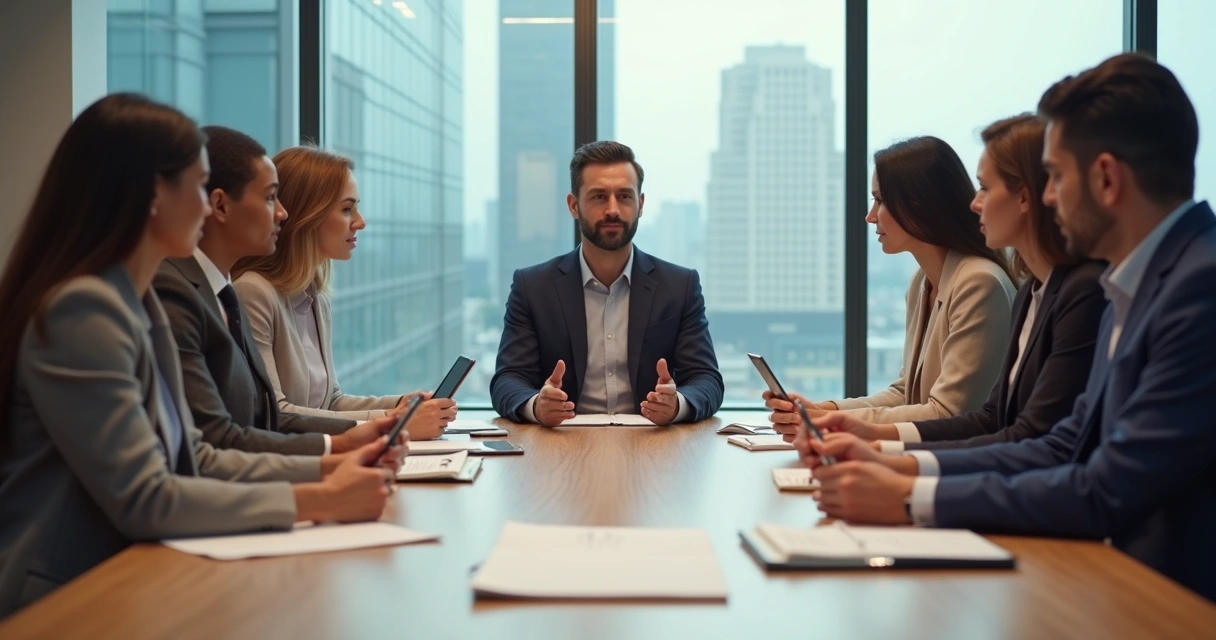Executivos em reunião de negócios com foco e presença plena ao redor da mesa 