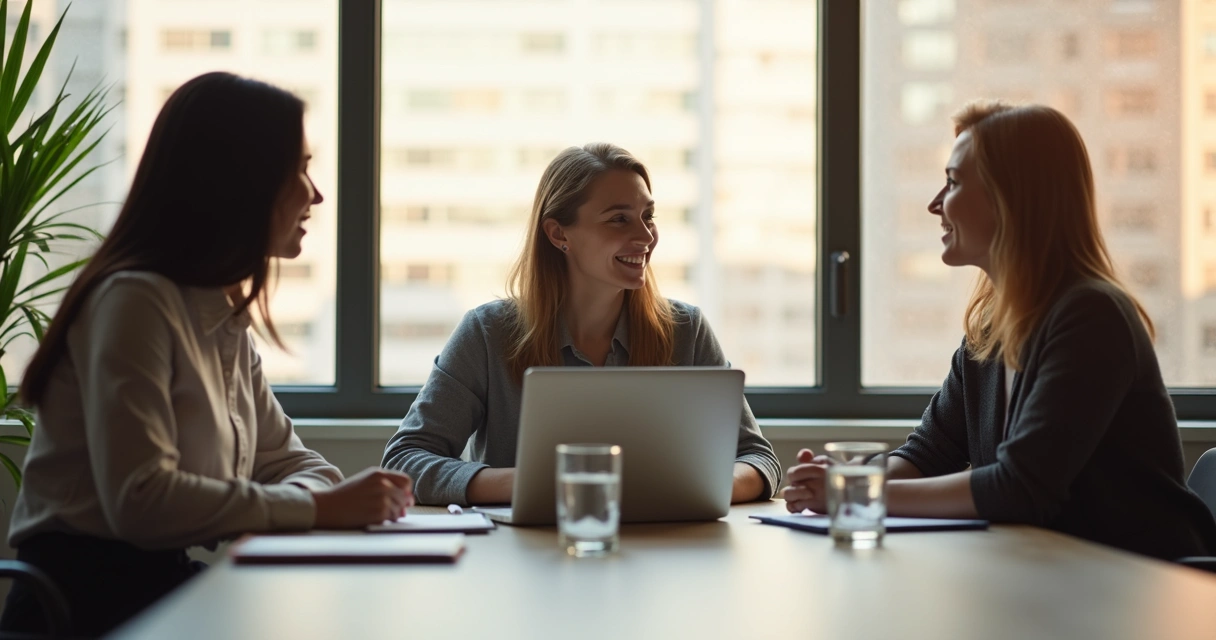 Três pessoas em uma reunião presencial, sentadas ao redor de uma mesa, mostrando atenção e contato visual 