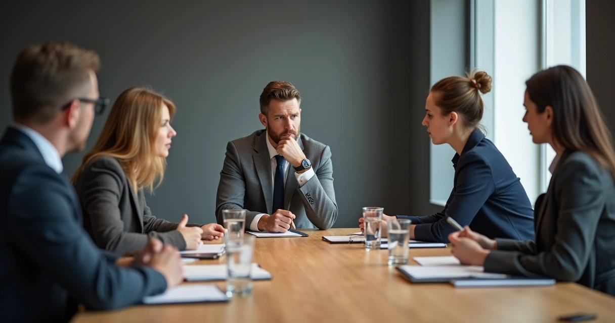 Pessoa em reunião observando colegas antes de decidir 