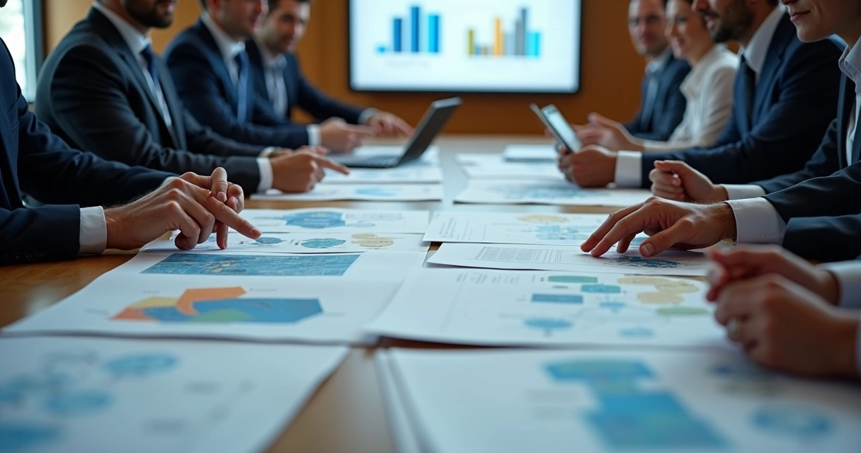 Equipe industrial reunida ao redor de mesa discutindo fluxo de investimentos e indicadores 