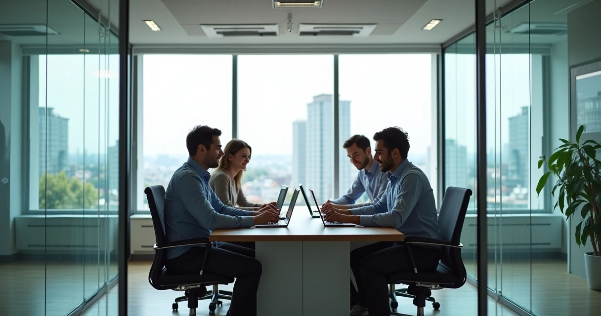 Equipe reunida em sala privativa de coworking com mesa, cadeiras ergonômicas e vista para cidade