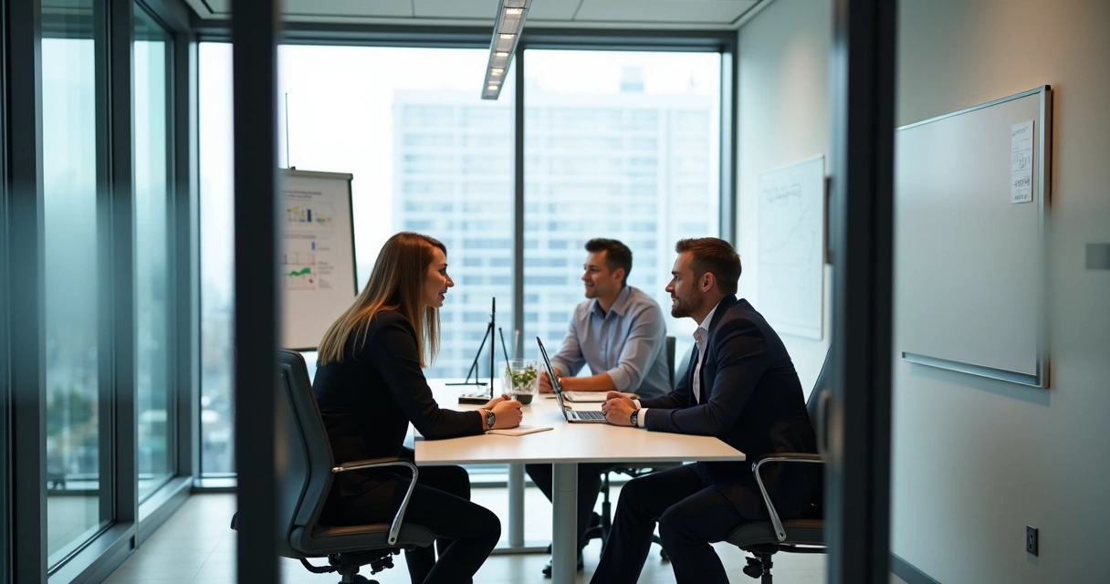 Equipe em sala privativa de coworking em reunião