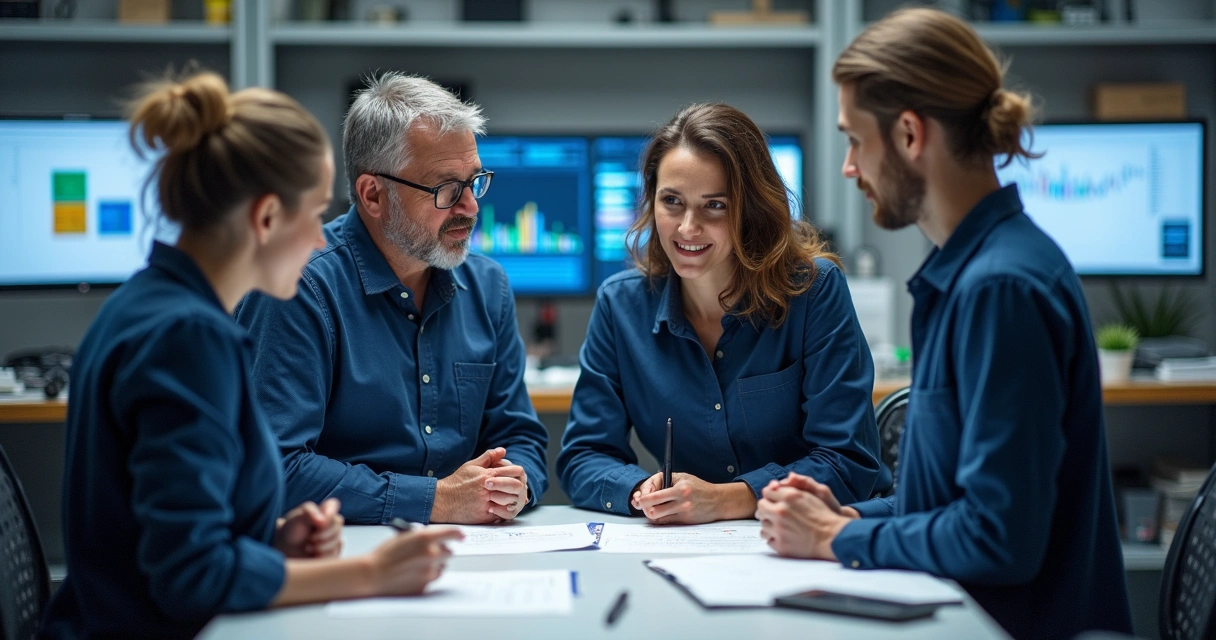 Equipe de assistência técnica reunida revisando processos e indicadores. 