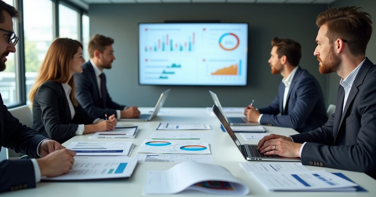 Equipe analisando indicadores de qualidade em reunião B2B 