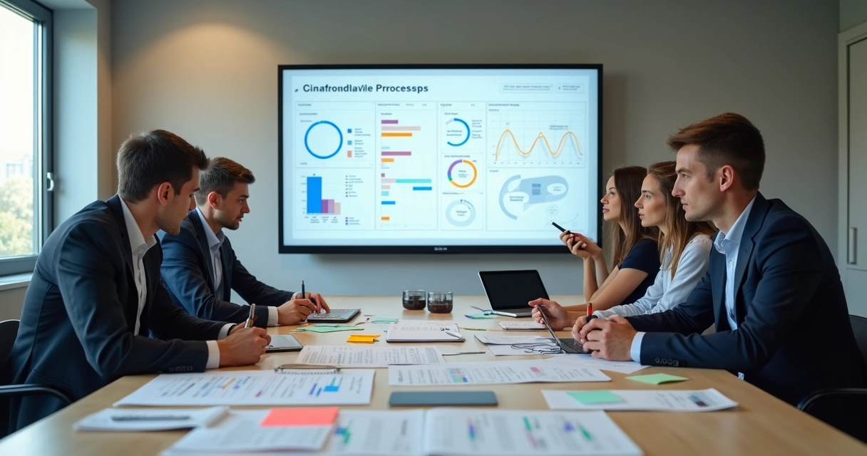 Equipe analisando processos e indicadores em reunião
