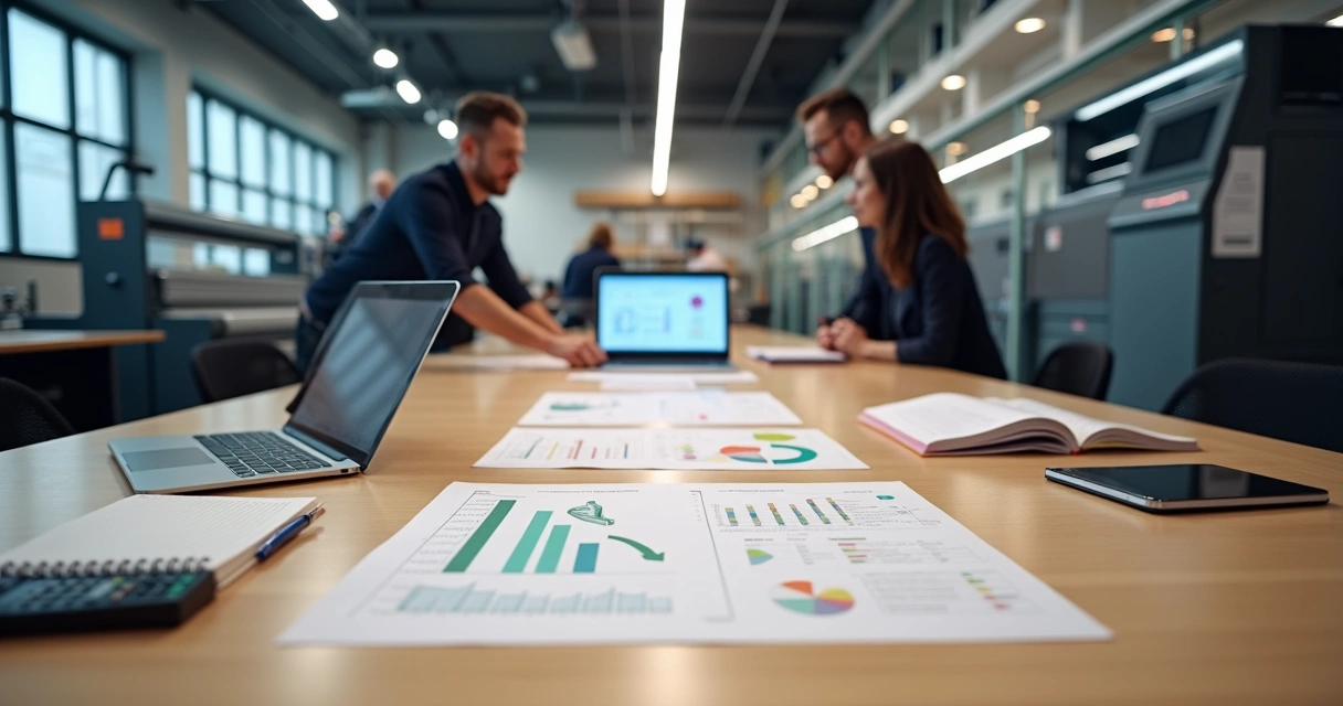 Equipe analisa gráficos de custos ao lado de impressoras em gráfica moderna 