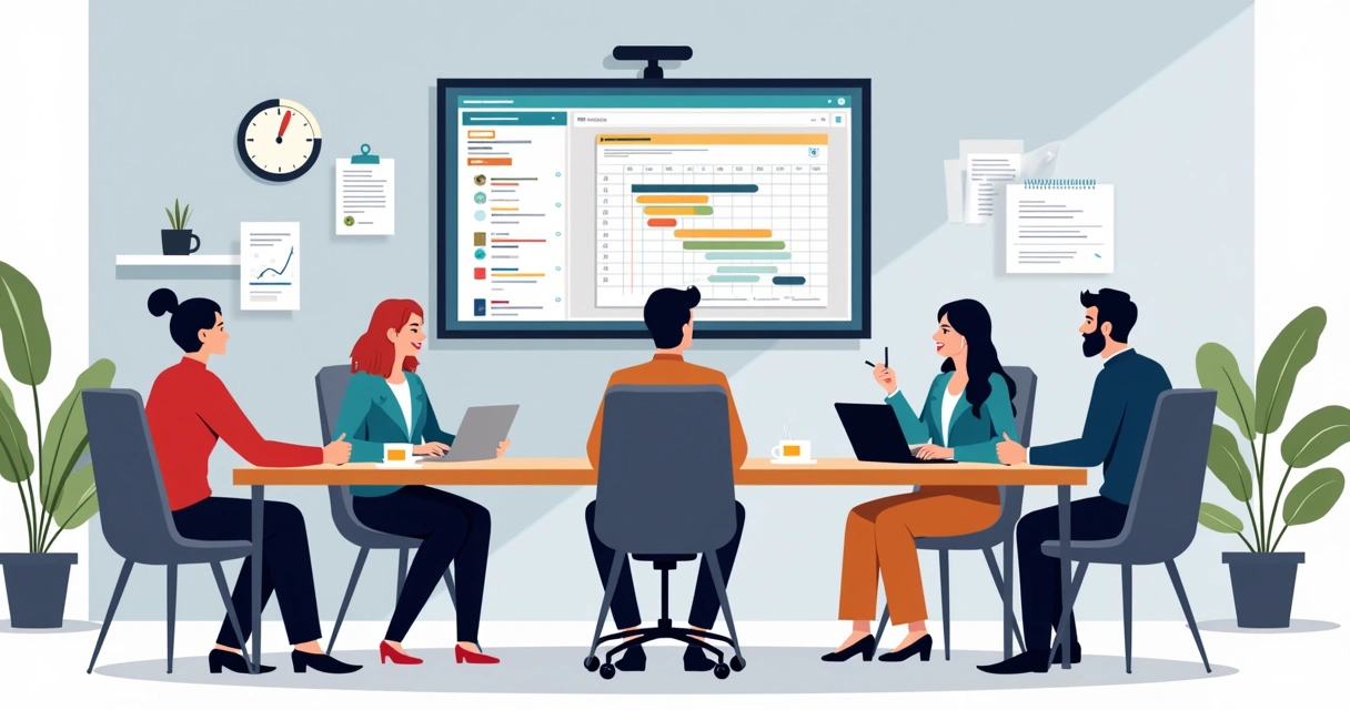 Ilustração corporativa de reunião produtiva com equipe usando Microsoft Project em tela grande 