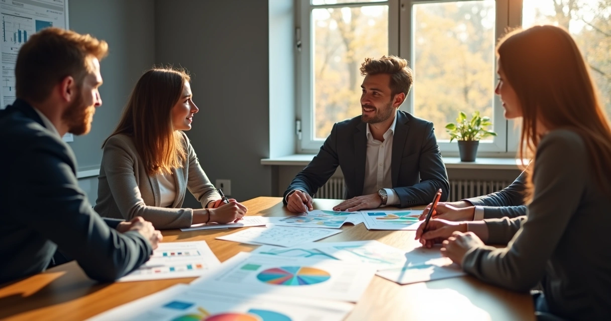 Equipe de atendimento e produto juntos discutindo dados em mesa 
