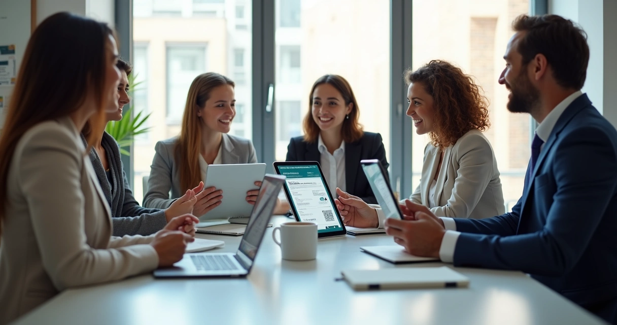 Profissionais mostrando certificados digitais em reunião 