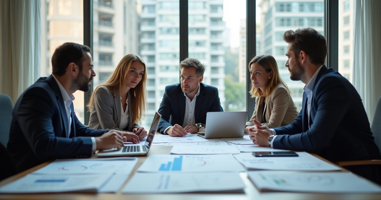 Reunião de profissionais do setor imobiliário em mesa discutindo documentos de incorporação 