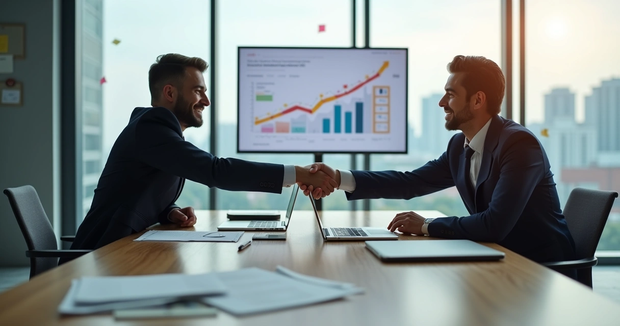 Reunião entre profissional e cliente apertando as mãos em mesa de escritório moderna 