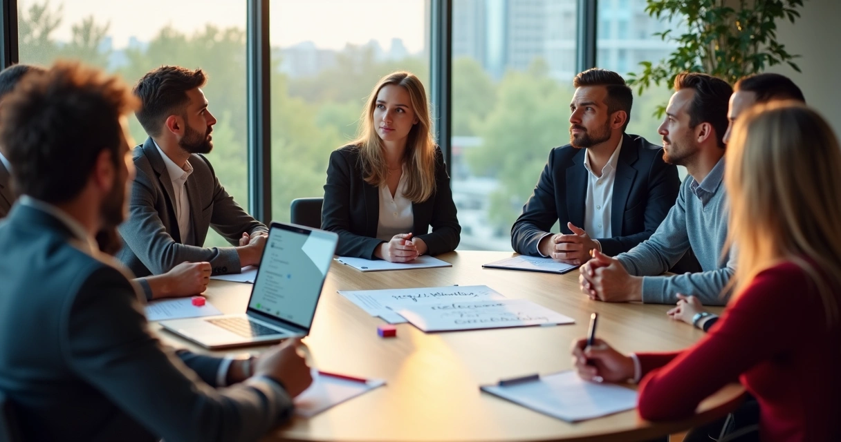 Equipe em reunião profissional em torno de mesa redonda com clima de foco e colaboração 