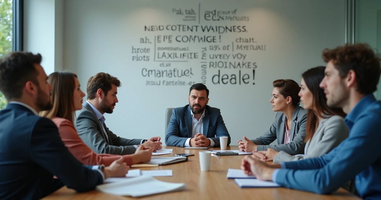 Grupo profissional em reunião mostrando diferentes expressões faciais e linguagem corporal 