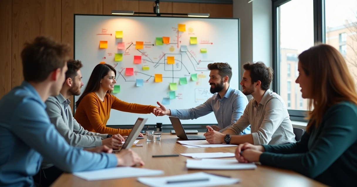 Equipe de projeto reunida em sala discutindo ideias 