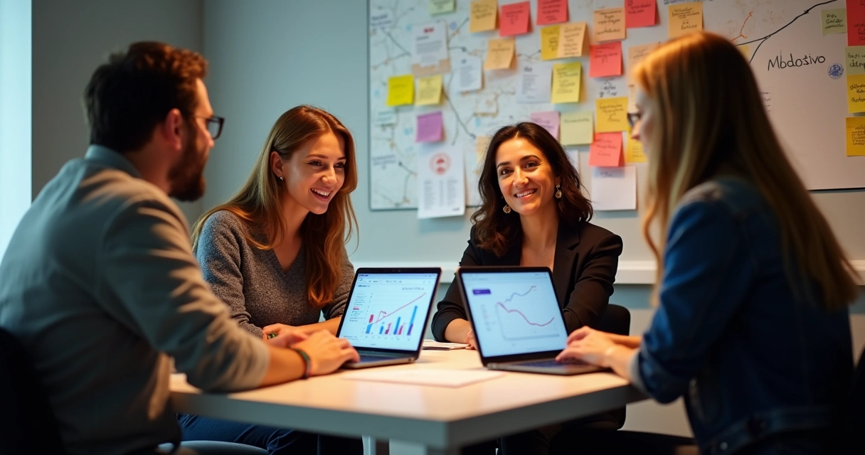 Equipe reunida analisando gráficos de projeto de IA 