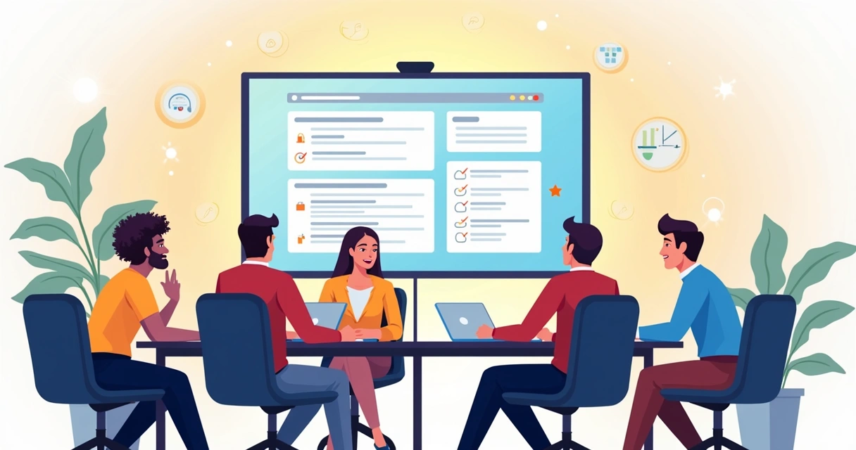 Equipe de projeto analisando roteiro digital em conferência