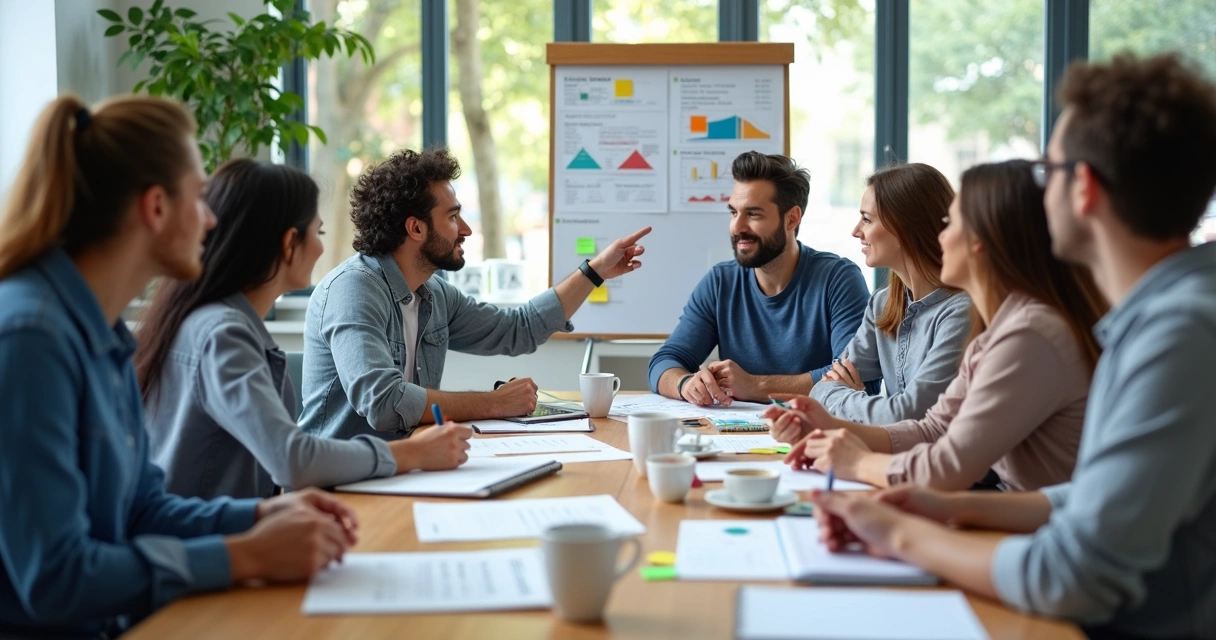 Equipe reunida planejando projeto social em mesa com anotações