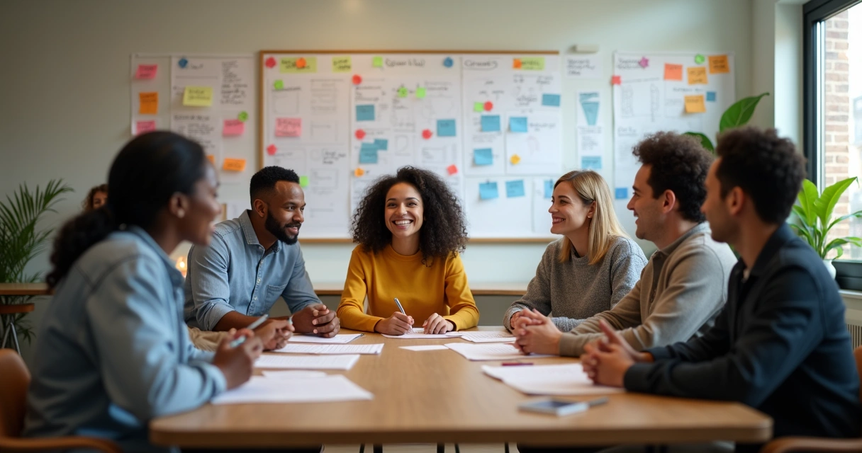 Equipe em reunião de projeto social com quadro de ideias ao fundo 