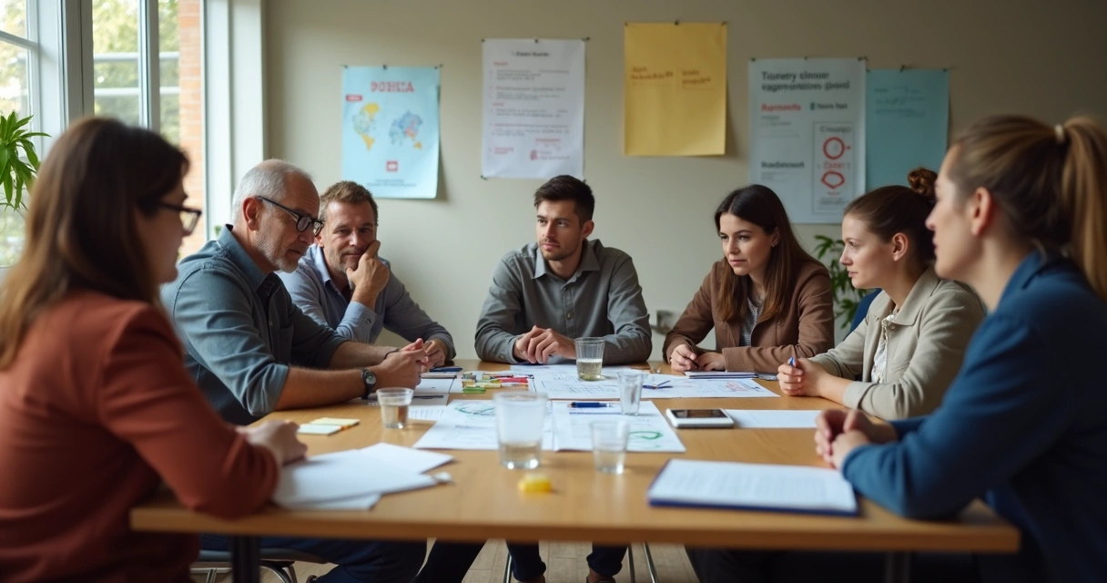 Equipe em reunião com anotações e expressões tensas 