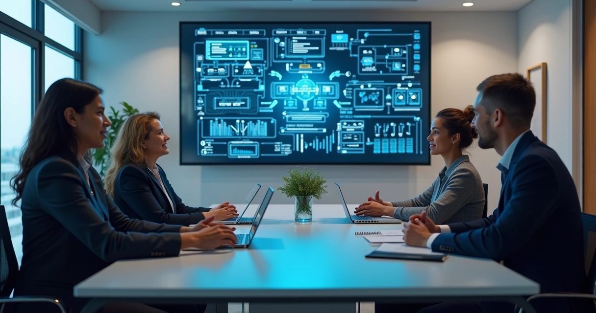 Equipe em reunião analisando projeto de software em tela 