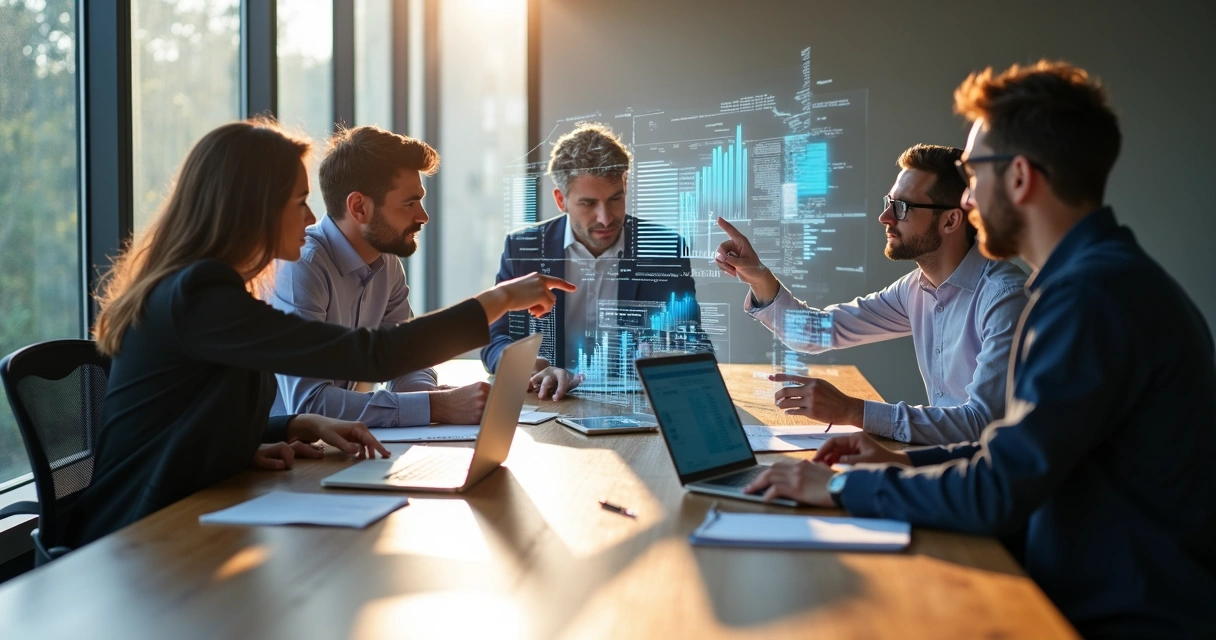 Equipe em reunião com laptops e gráficos digitais sobre mesa iluminada por luz natural 