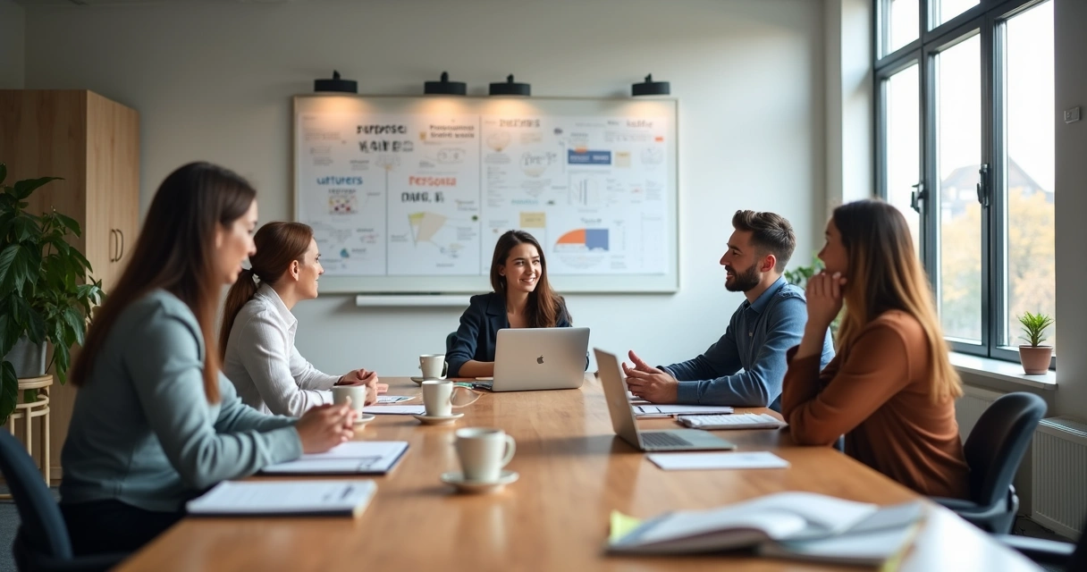 Equipe em reunião alinhando valores e objetivos 