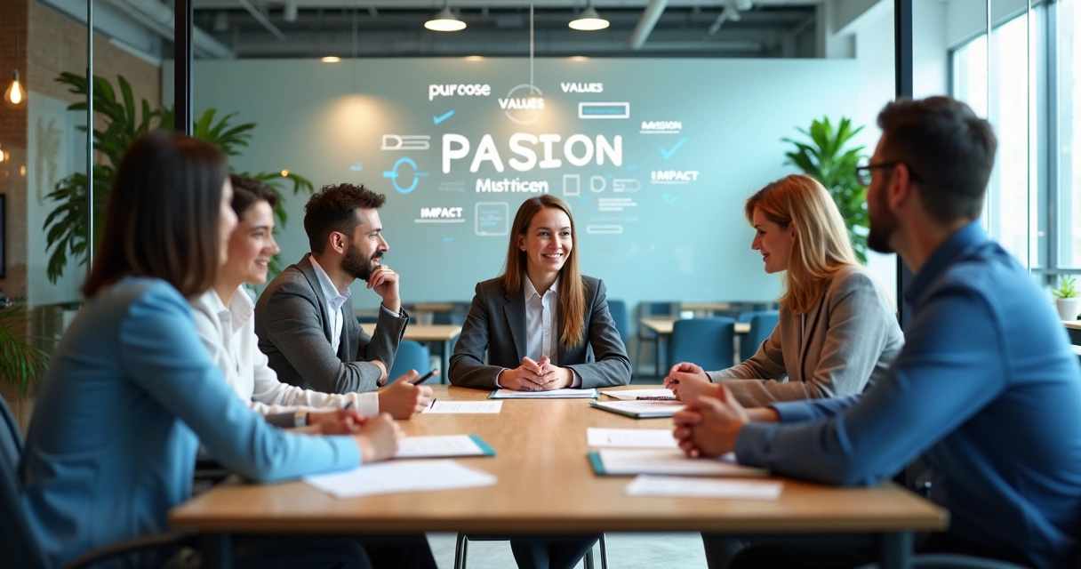 Equipe em reunião alinhando valores e missão da empresa