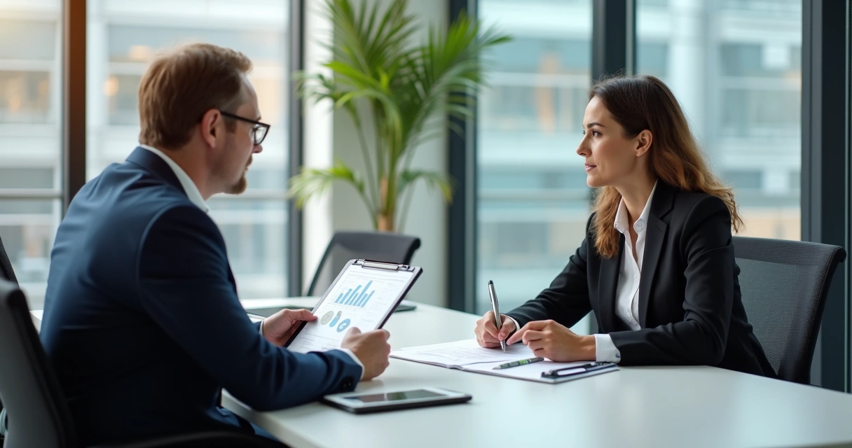 Reunião de consultoria com proposta e gráficos sobre a mesa 