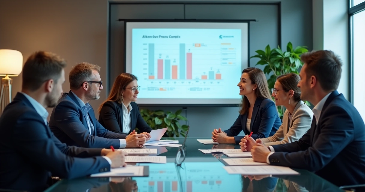 Equipe de agência discutindo proposta digital com cliente na sala de reunião 