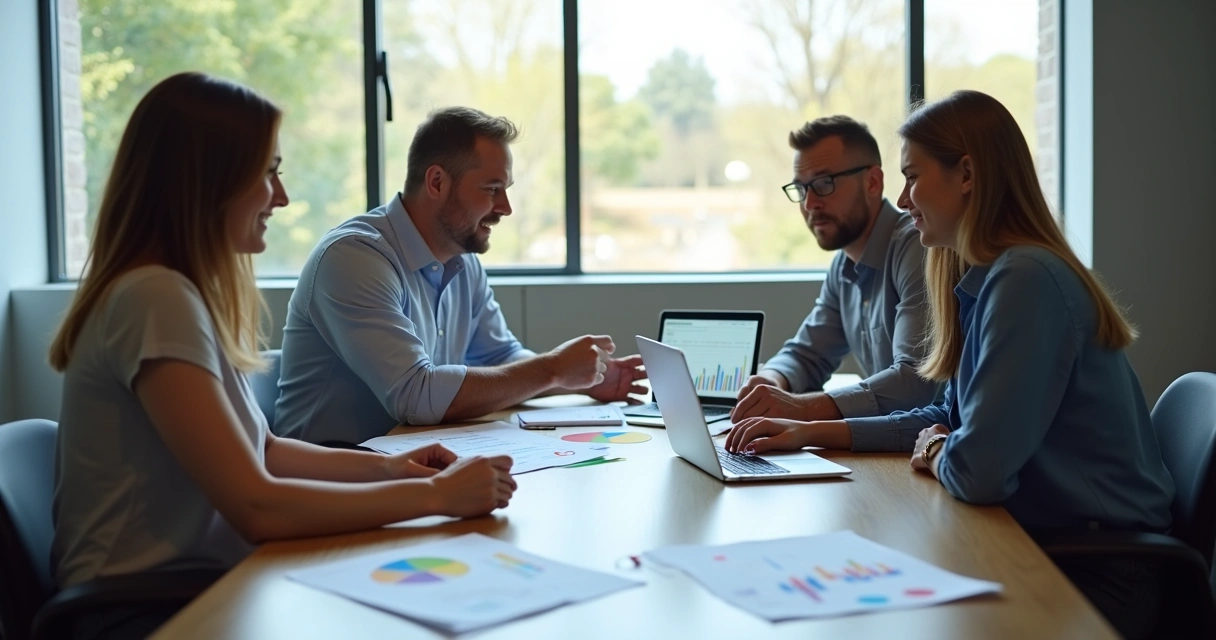 Reunião de consultores e clientes com gráficos e propostas sobre a mesa 