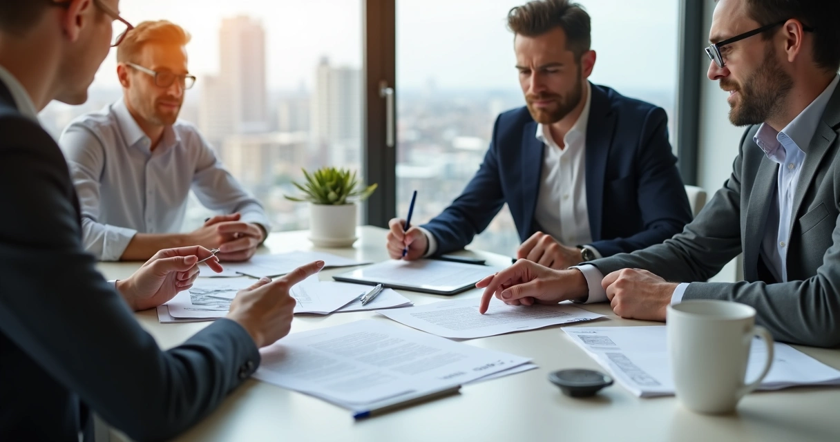 Proprietários de imóveis e inquilinos sentados à mesa analisando documentos de contratos de aluguel 