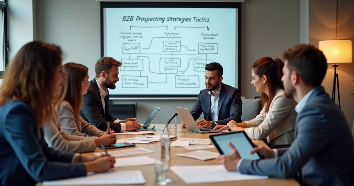 Equipe reunida analisando estratégia de prospecção B2B