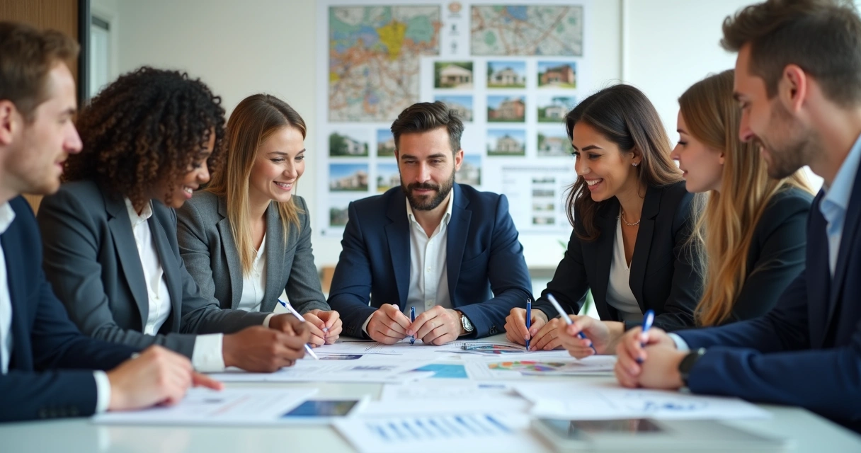 Equipe imobiliária em reunião de prospecção analisando planilhas 