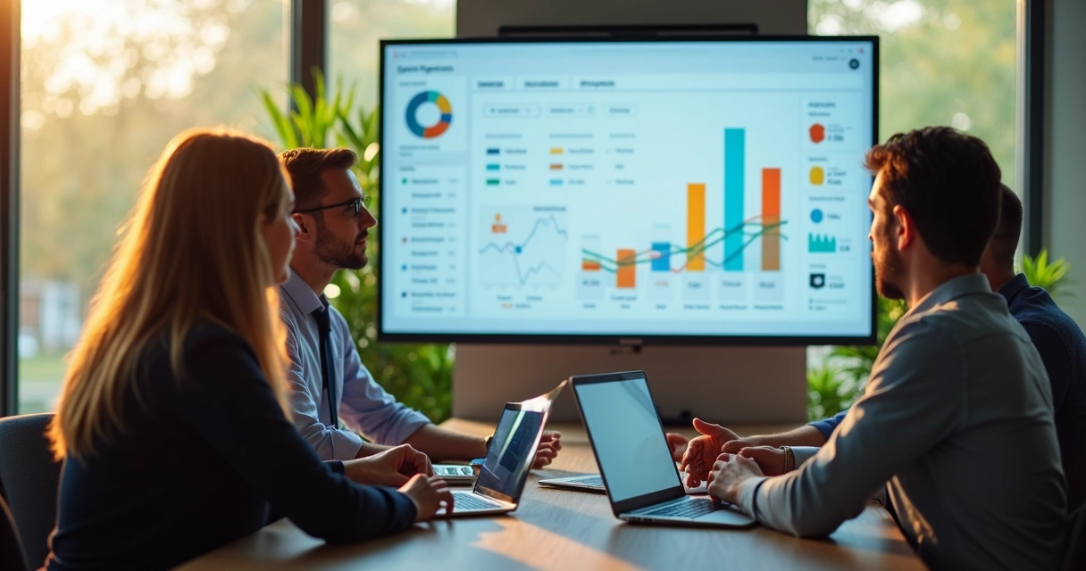 Equipe reunida em torno de tela exibindo CRM de vendas 