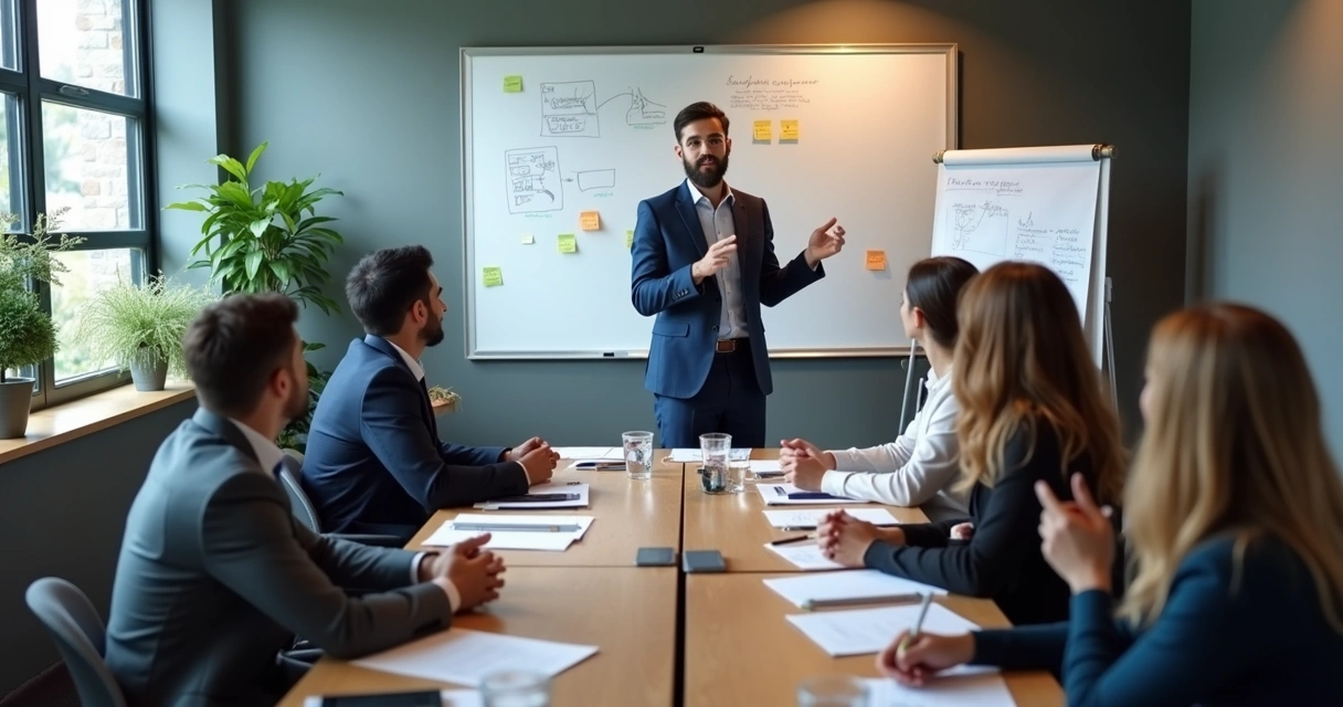 Colaboradores relatando conquistas em reunião de trabalho 