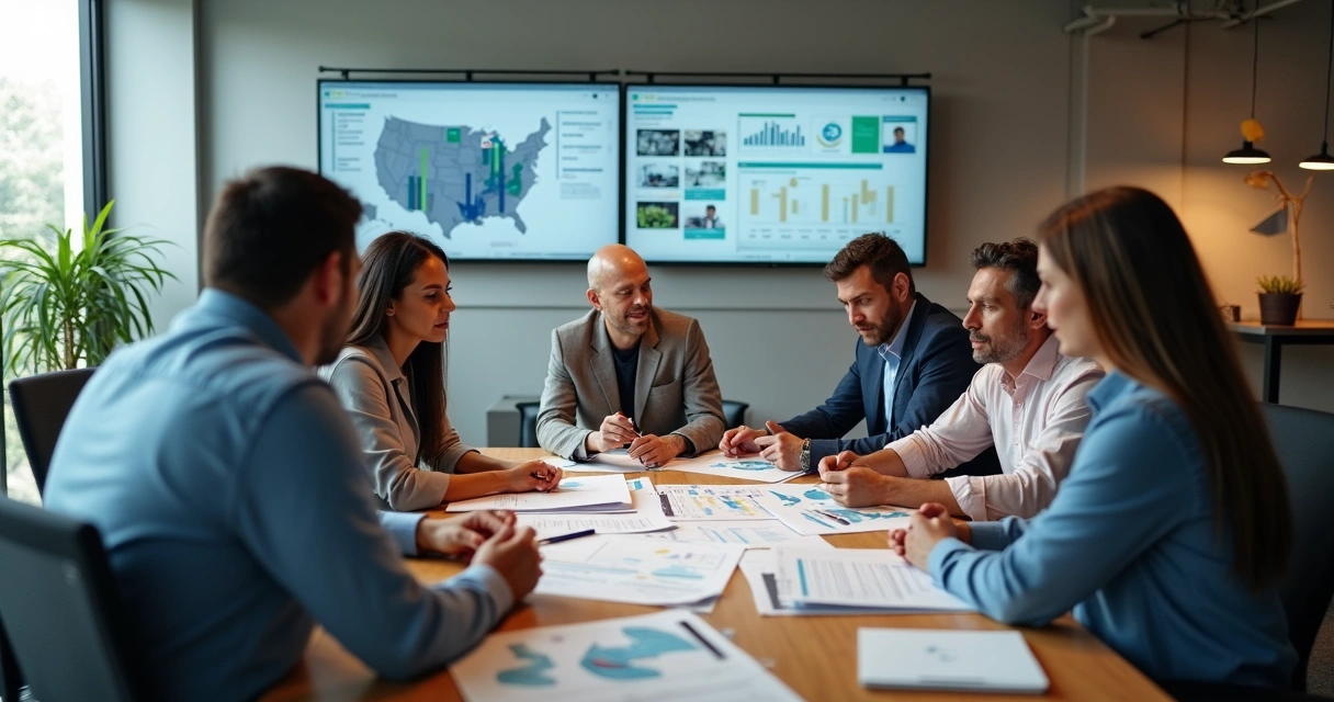 Equipe de vendas reunida analisando depoimentos e resultados de clientes reais 