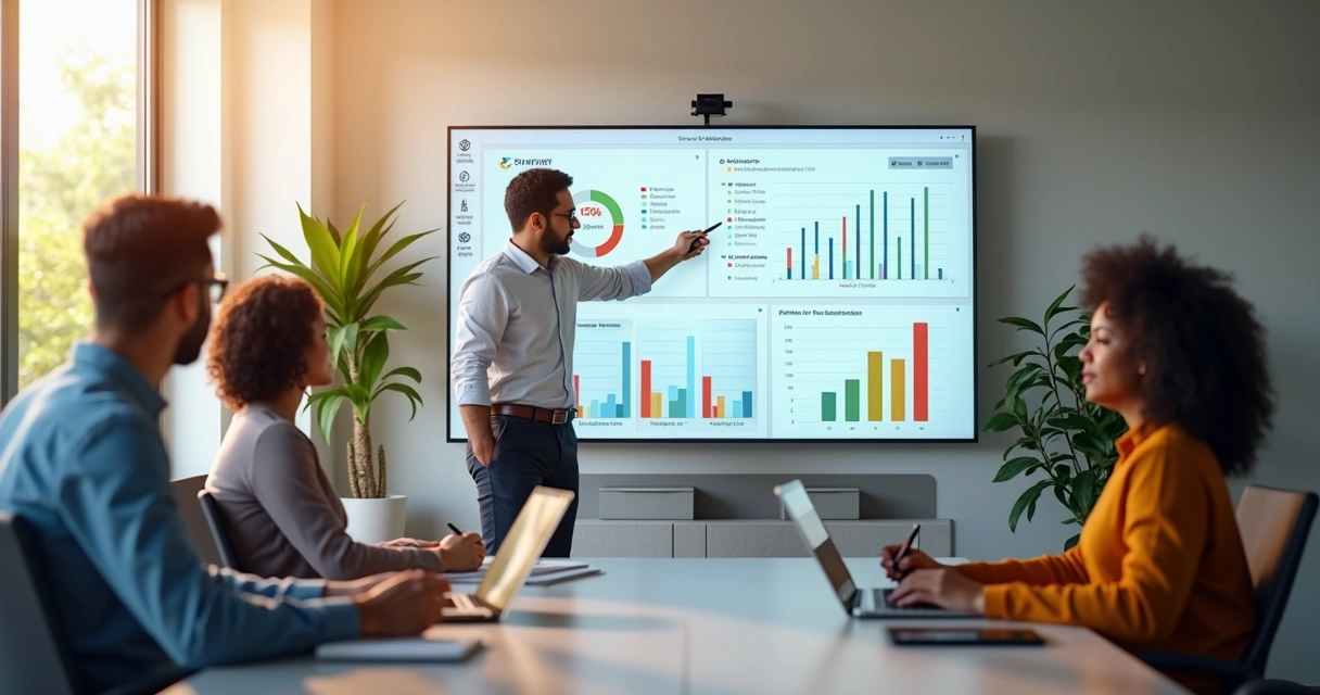 Gestores de PME em reunião enxuta analisando dashboard de QBR com IA em sala moderna 