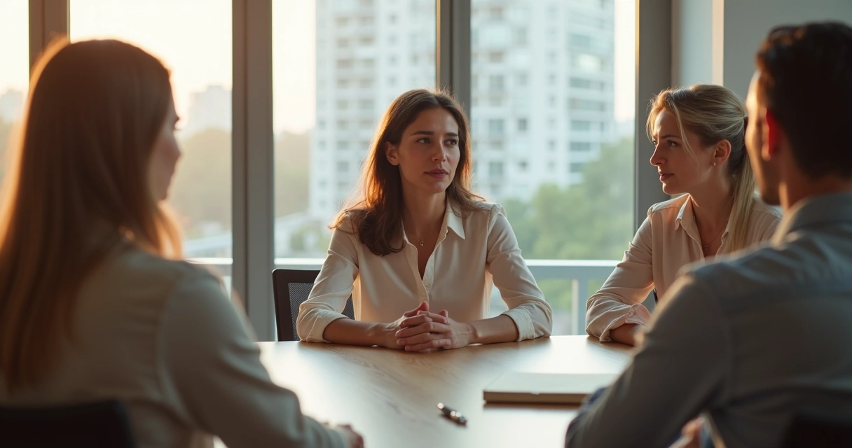 Pessoas em reunião em círculo com foco calmo e atento umas nas outras 