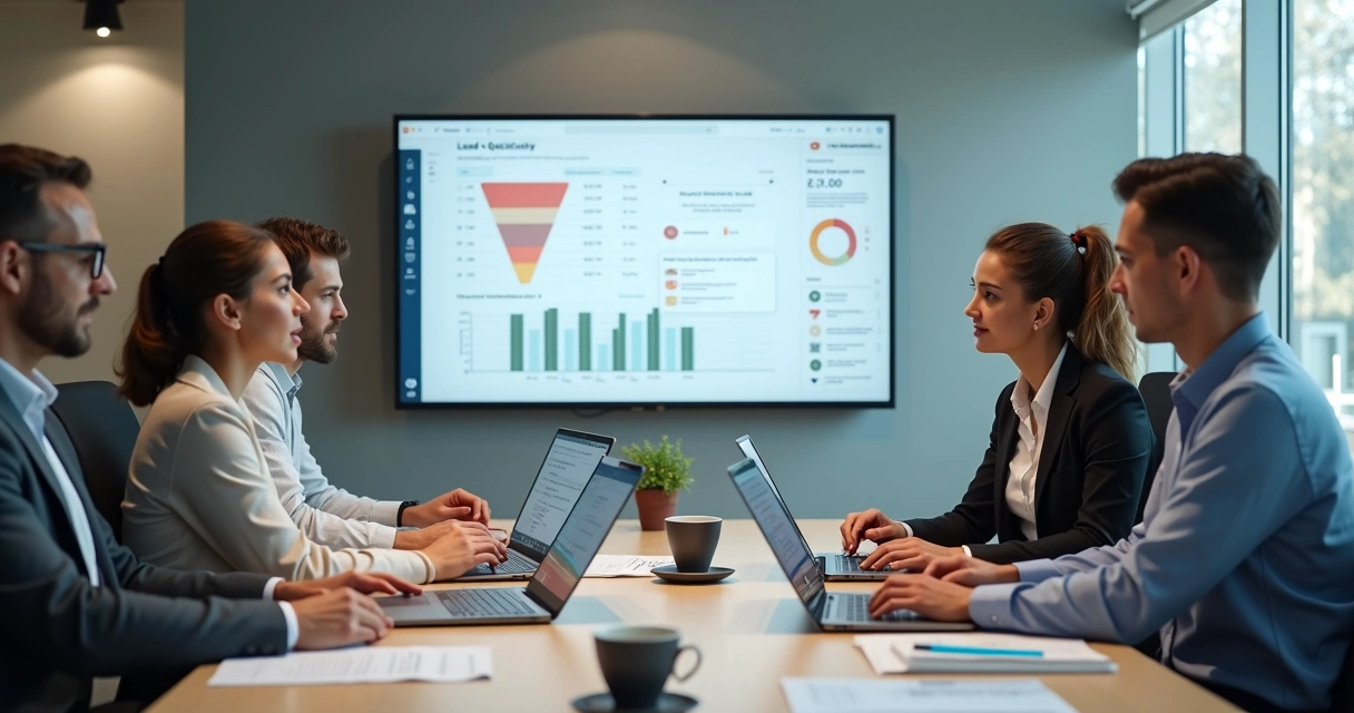 Equipe comercial analisando perfil de leads em reunião