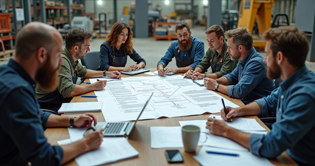 Equipe de manutenção reunida ao redor de mesa com laptops, papéis e expressões de concentração 