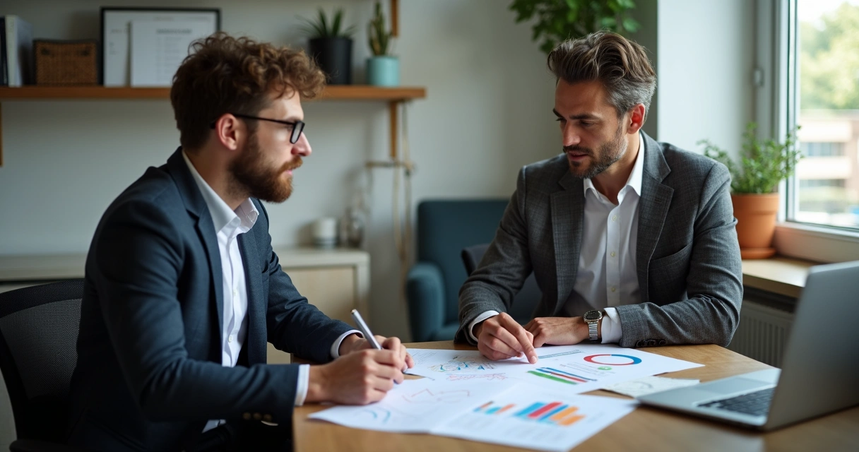 Dois profissionais em reunião, discutindo contrato, com papéis, notebook e gráficos na mesa