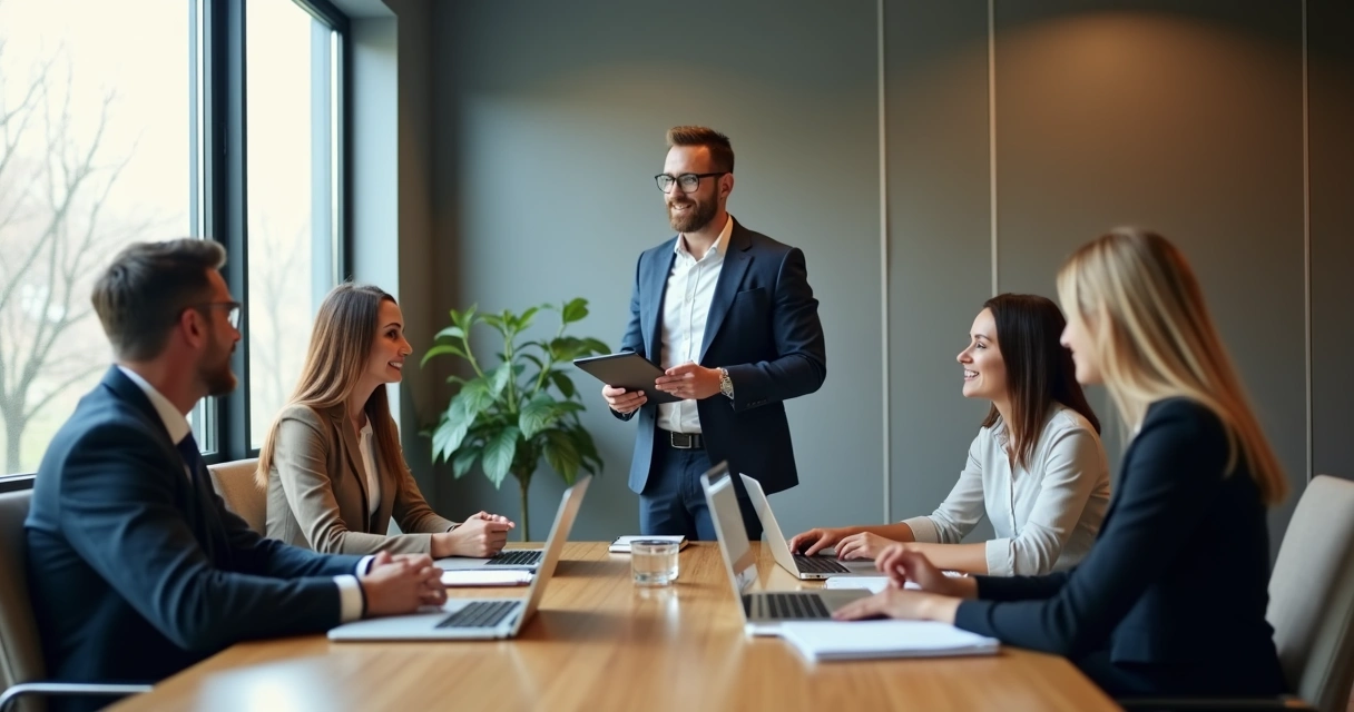 Líder reconhecendo equipe em reunião corporativa 