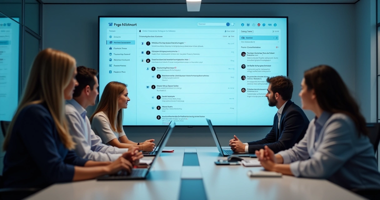 Equipe observando painel de comunicação interna em reunião